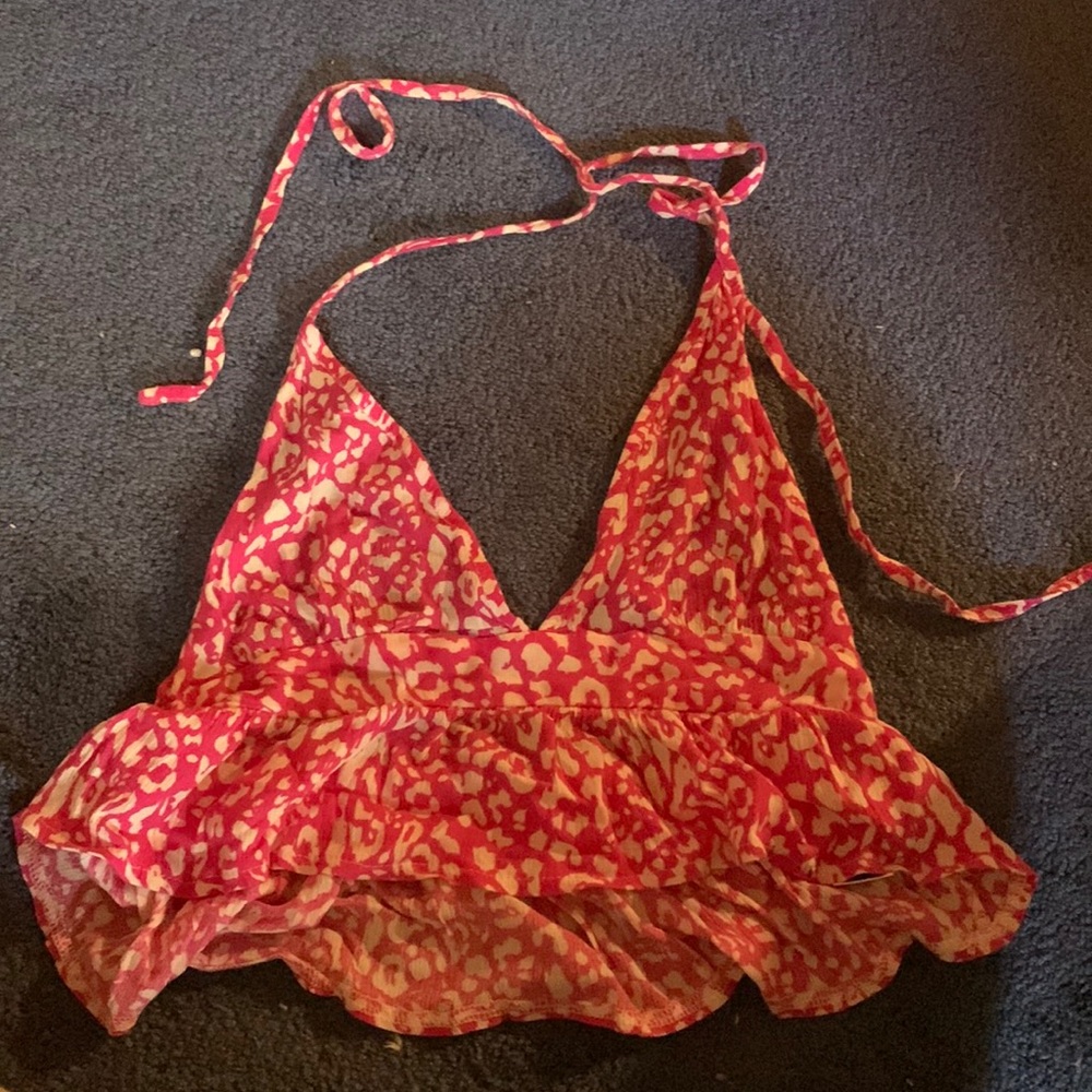 girls/ women’s pink and white pattern tie crop top w stretchy band